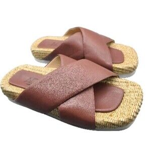 AGL Sandals Womens Sz 8/38 Holly Straps Slip On Flats Comfort Leather raffia New
